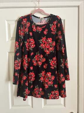 Peach Love Cream California Black & Red Floral Long Sleeve Skater Mini Dress